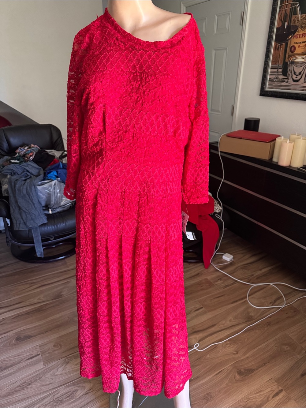 Bright Red Lace Long-Sleeve Midi Dress P 11